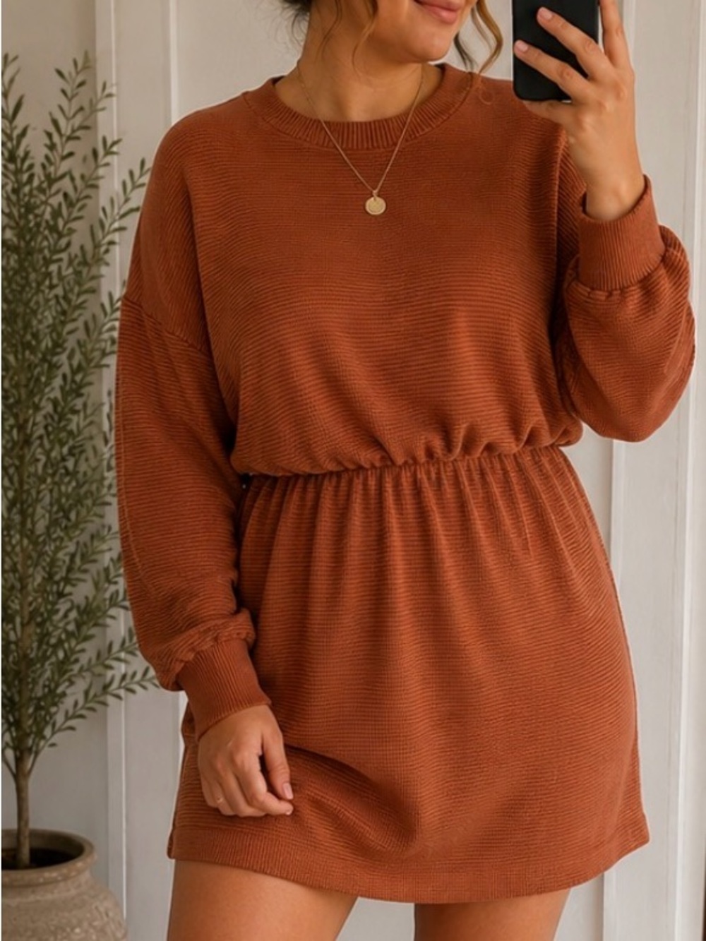 Abound Burnt Orange Ribbed Mini Dress with Elastic Waist
